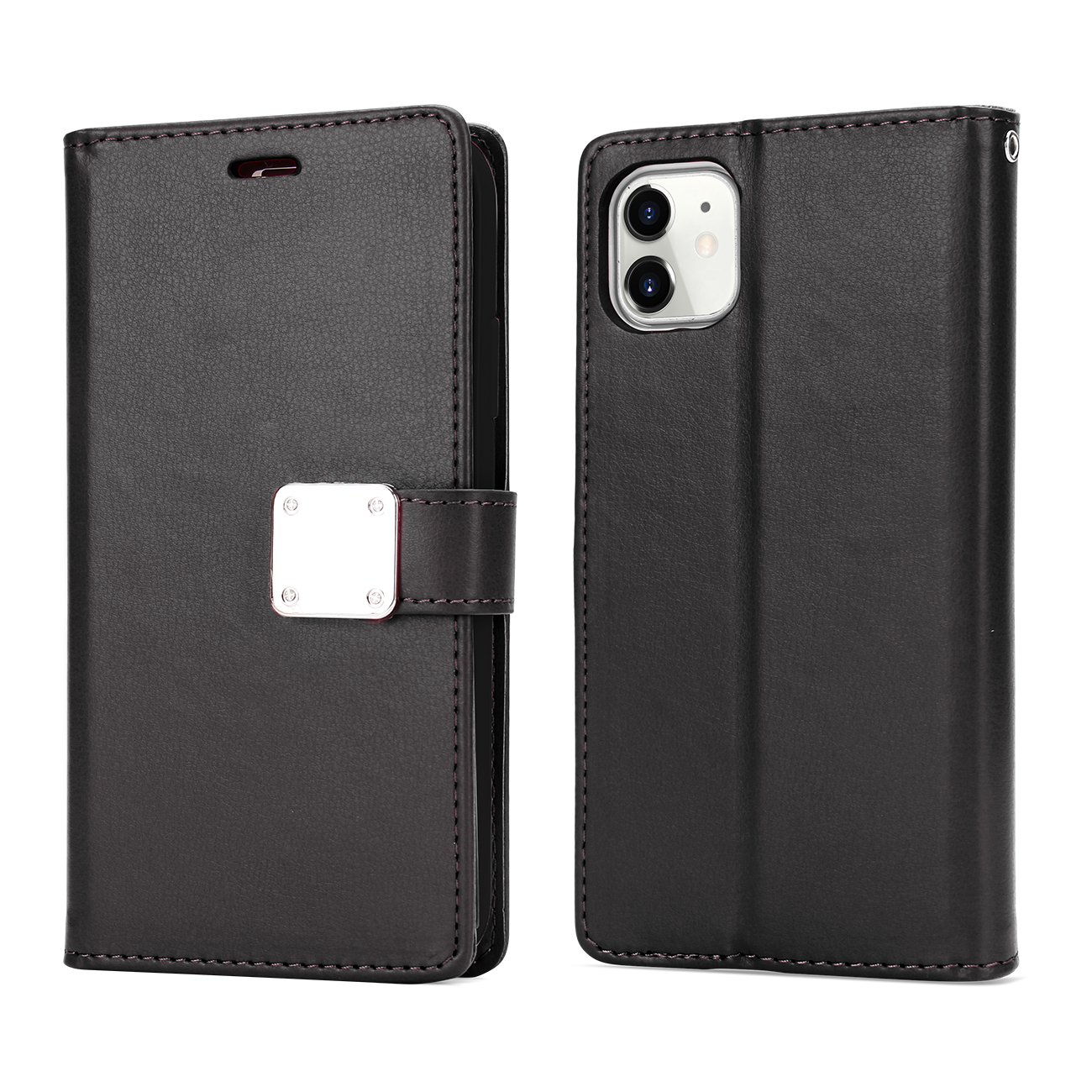 Multi Pockets Folio Flip Leather WALLET Case with Strap for iPhone 12 Pro Max 6.7 (Black)